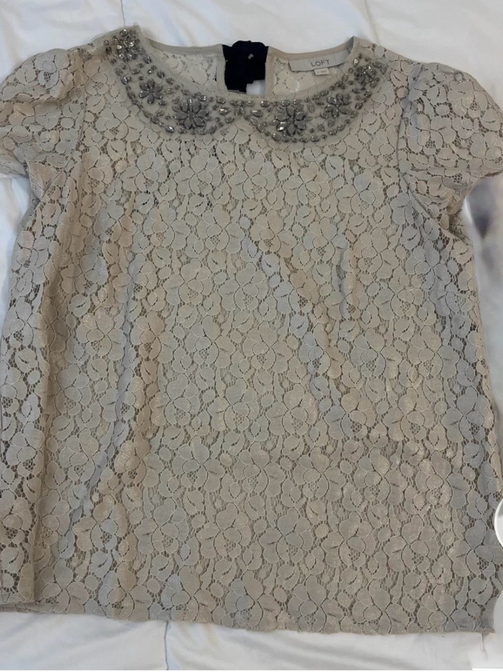 LOFT Beige Lace Short-Sleeve Top with Beaded Peter Pan Collar
